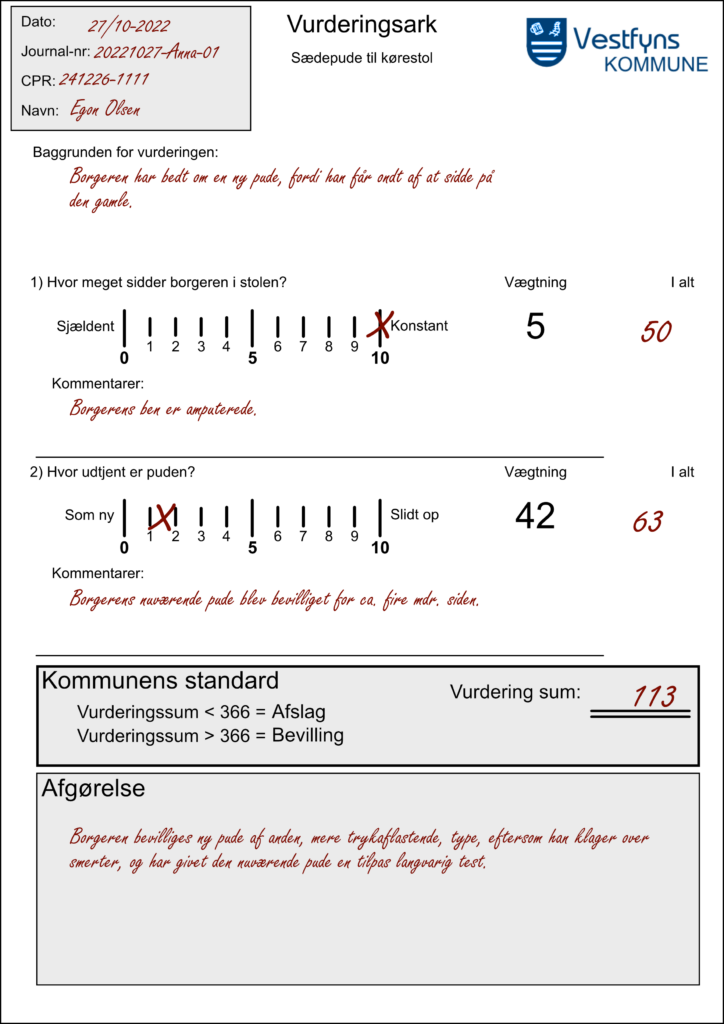 Billede af et eksempel på vurderingsark ved visitation af sædepuder.